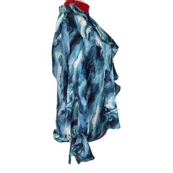 JONES NEW YORK Plus 2X Button Up Long Sleeve Agate Blue Romantic Ruffled Blouse - Picture 3 of 8